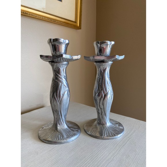 Vintage Pair of 7" Pewter Flower w/Stem Leaves Candle Holders - Picture 2 of 9